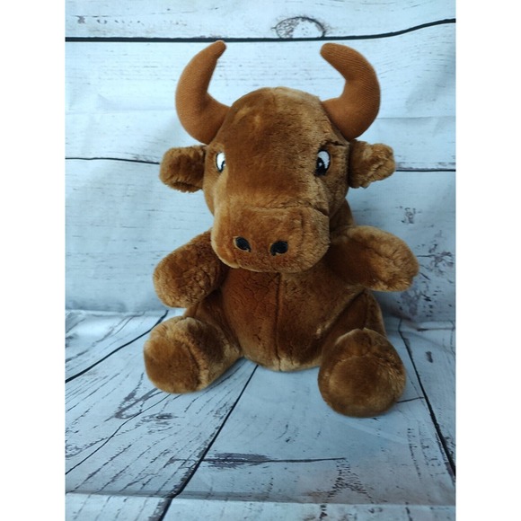 11 Inches LOGO BEAR LONG HORN BULL PLUSH STUFFED ANIMAL BROWN TOY SITTING - Picture 1 of 6